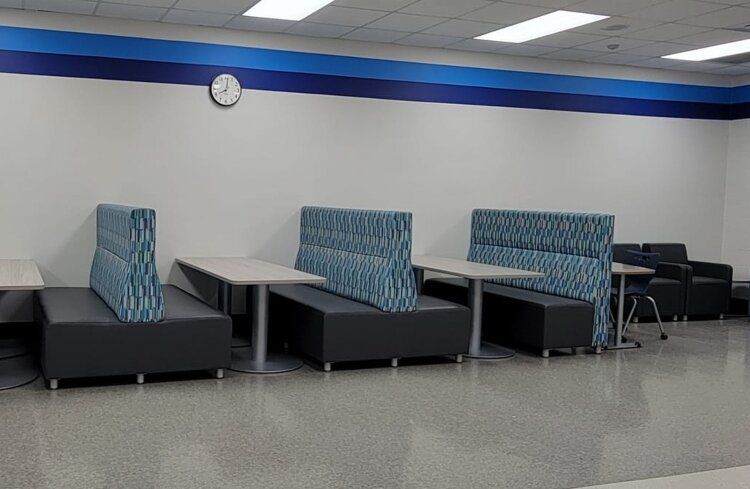 A casual area for students to gather sits inside the newly-renovated Eastern High School. 