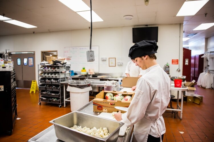 At the restaurant, students prep ingredients to create soups, salads, sandwiches, and entrees for lunch served Tuesdays, Wednesdays, and Thursdays.