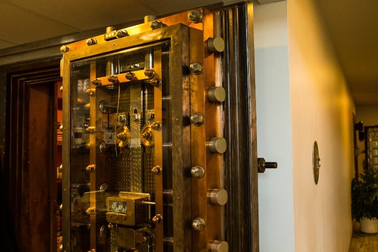 The restaurant design preserved the old vault from when the building was a bank.